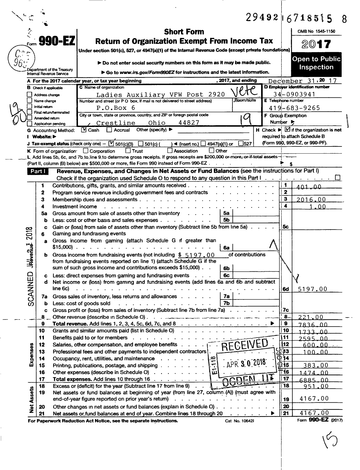 Image of first page of 2017 Form 990EO for Ladies Auxiliary To the VFW Dept of Ohio - 2920 Veterans of Foreign Wars Auxil