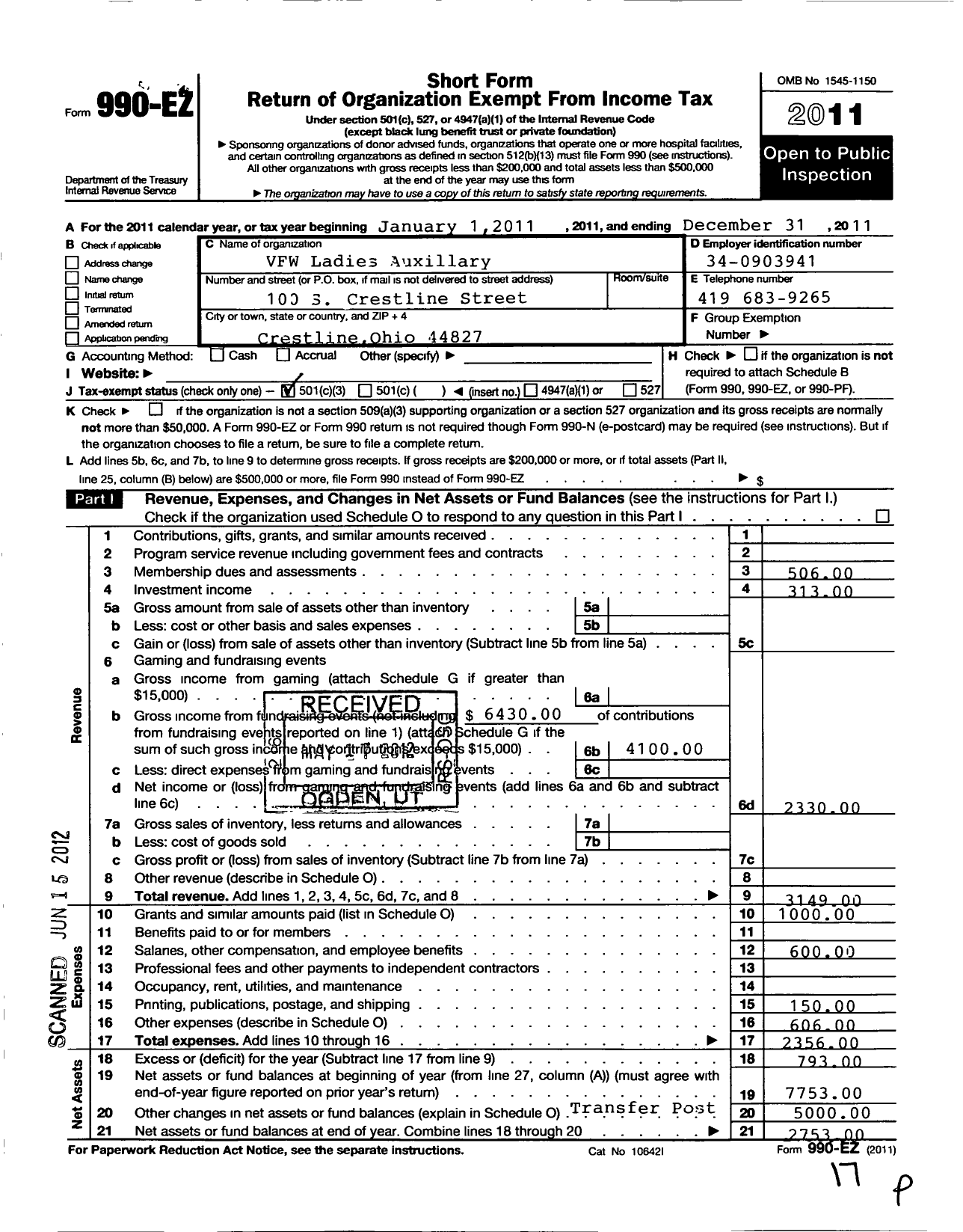 Image of first page of 2011 Form 990EZ for Ladies Auxiliary To the VFW Dept of Ohio - 2920 Veterans of Foreign Wars Auxil