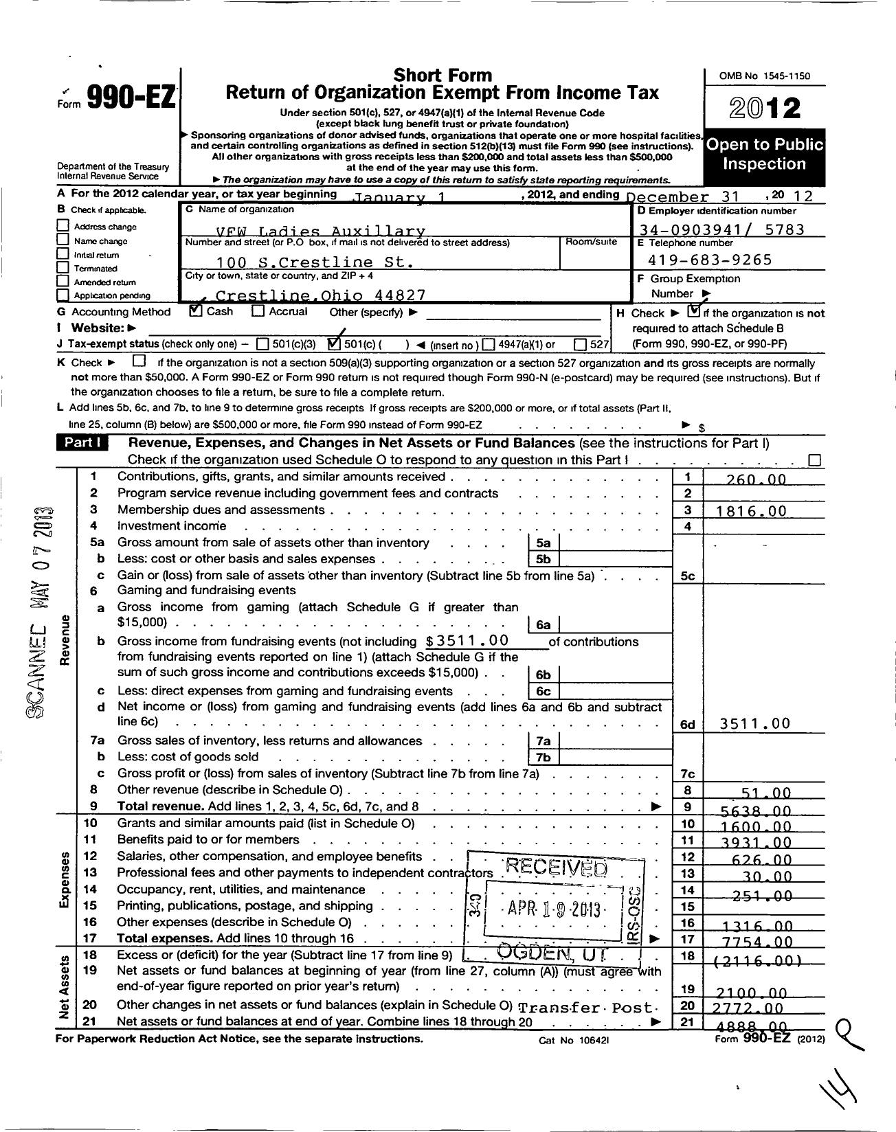 Image of first page of 2012 Form 990EO for Ladies Auxiliary To the VFW Dept of Ohio - 2920 Veterans of Foreign Wars Auxil