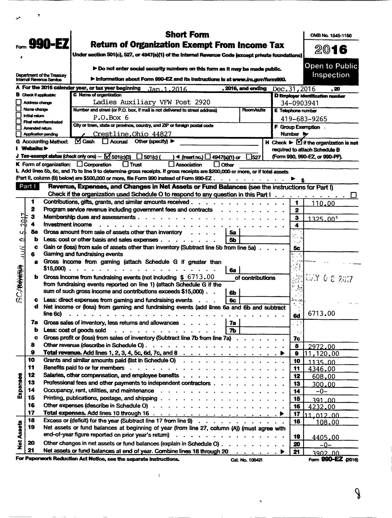 Image of first page of 2016 Form 990EZ for Ladies Auxiliary To the VFW Dept of Ohio - 2920 Veterans of Foreign Wars Auxil