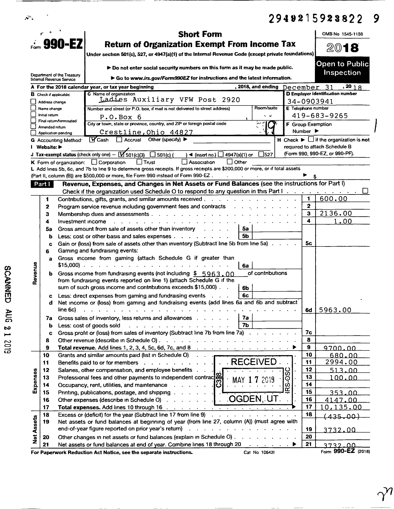 Image of first page of 2018 Form 990EO for Ladies Auxiliary To the VFW Dept of Ohio - 2920 Veterans of Foreign Wars Auxil