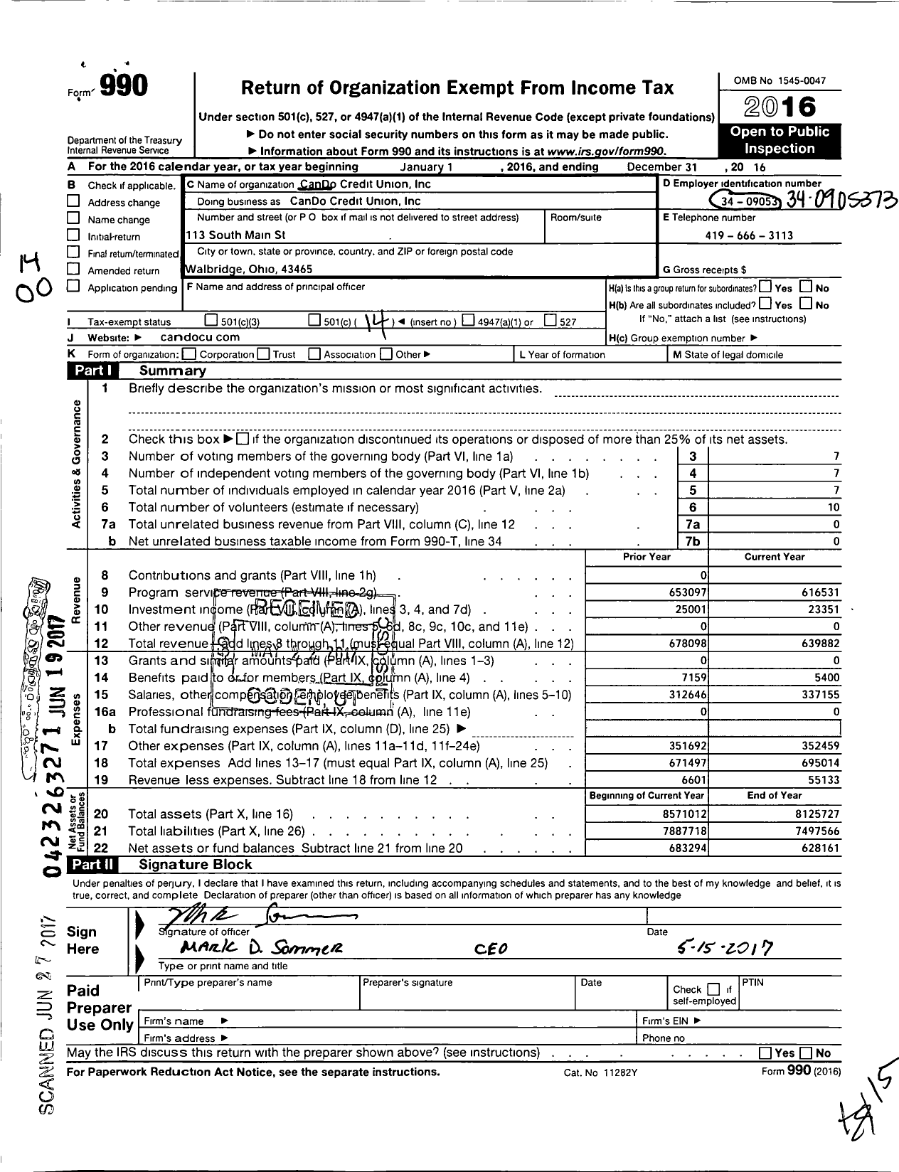 Image of first page of 2016 Form 990O for 227 Cando Credit Union