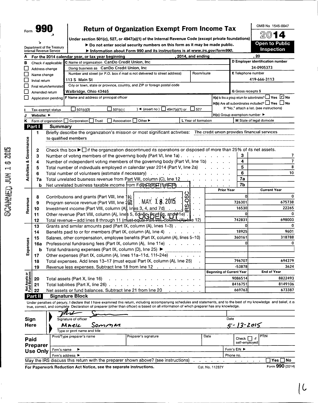 Image of first page of 2014 Form 990O for 227 Cando Credit Union