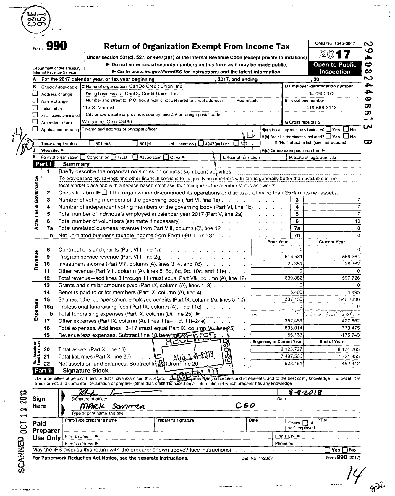 Image of first page of 2017 Form 990O for 227 Cando Credit Union