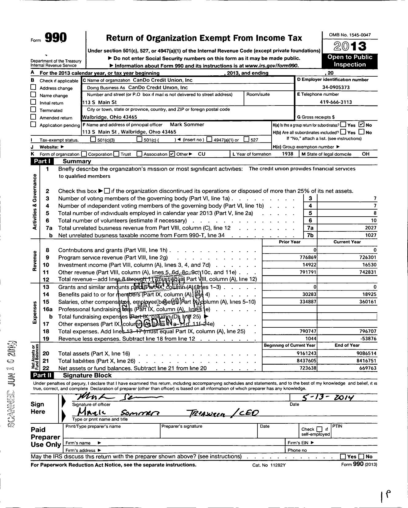 Image of first page of 2013 Form 990O for 227 Cando Credit Union