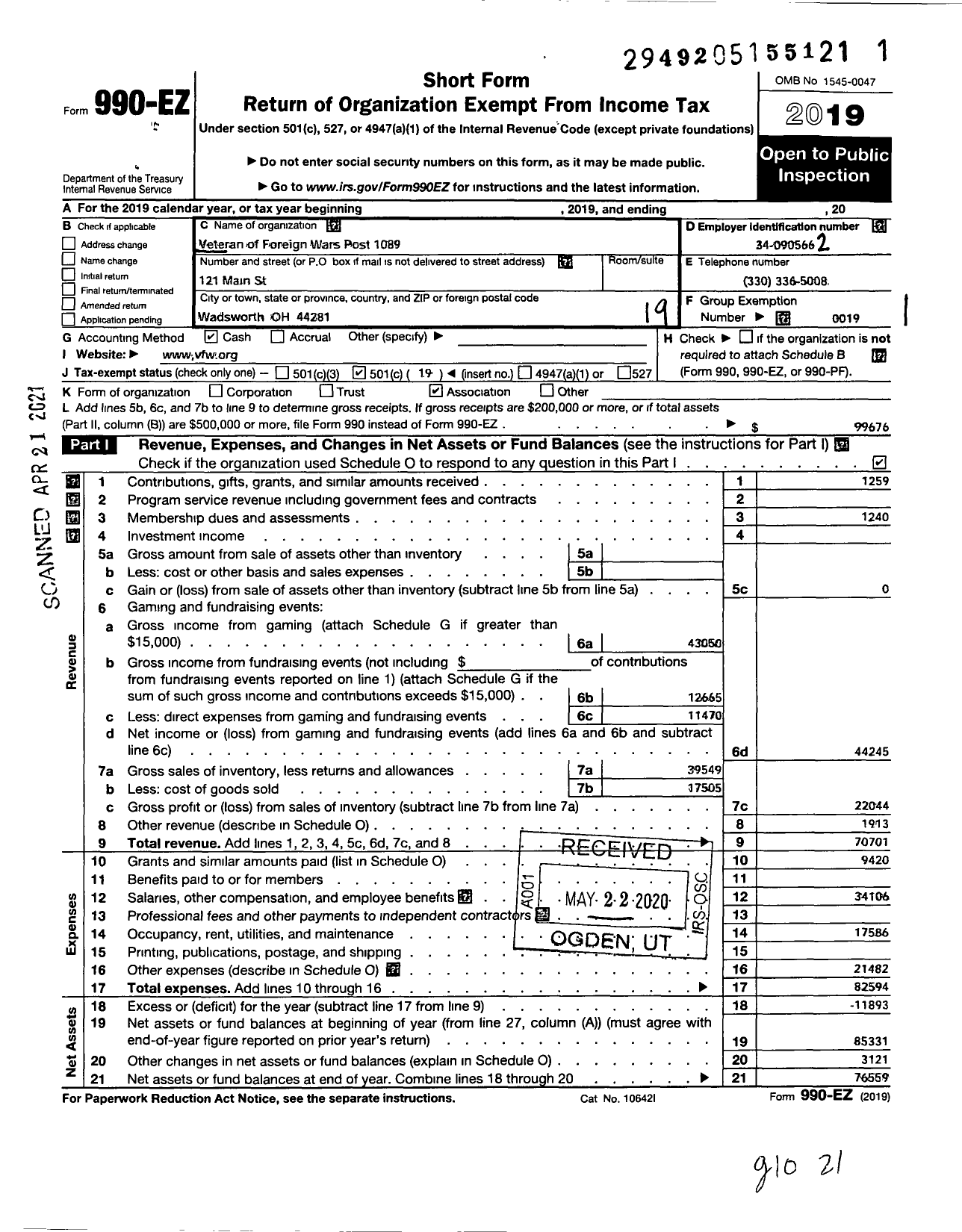 Image of first page of 2019 Form 990EO for Ohio VFW - Veterans of Foreign Wars Post 1089