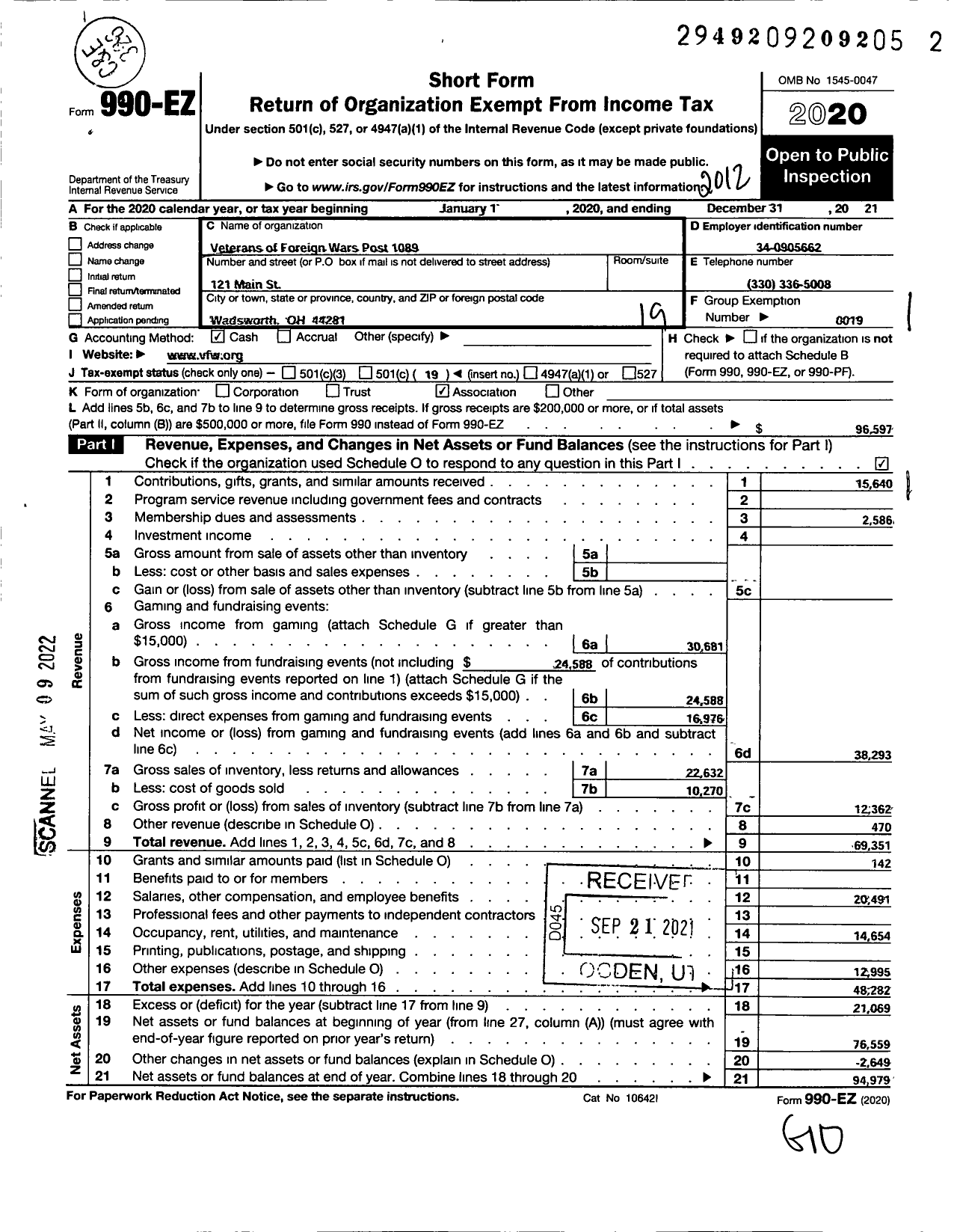 Image of first page of 2020 Form 990EO for Ohio VFW - Veterans of Foreign Wars Post 1089