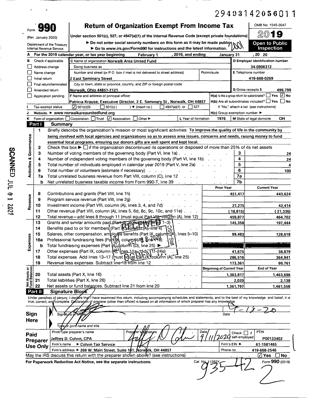 Image of first page of 2019 Form 990 for Norwalk Area United Fund