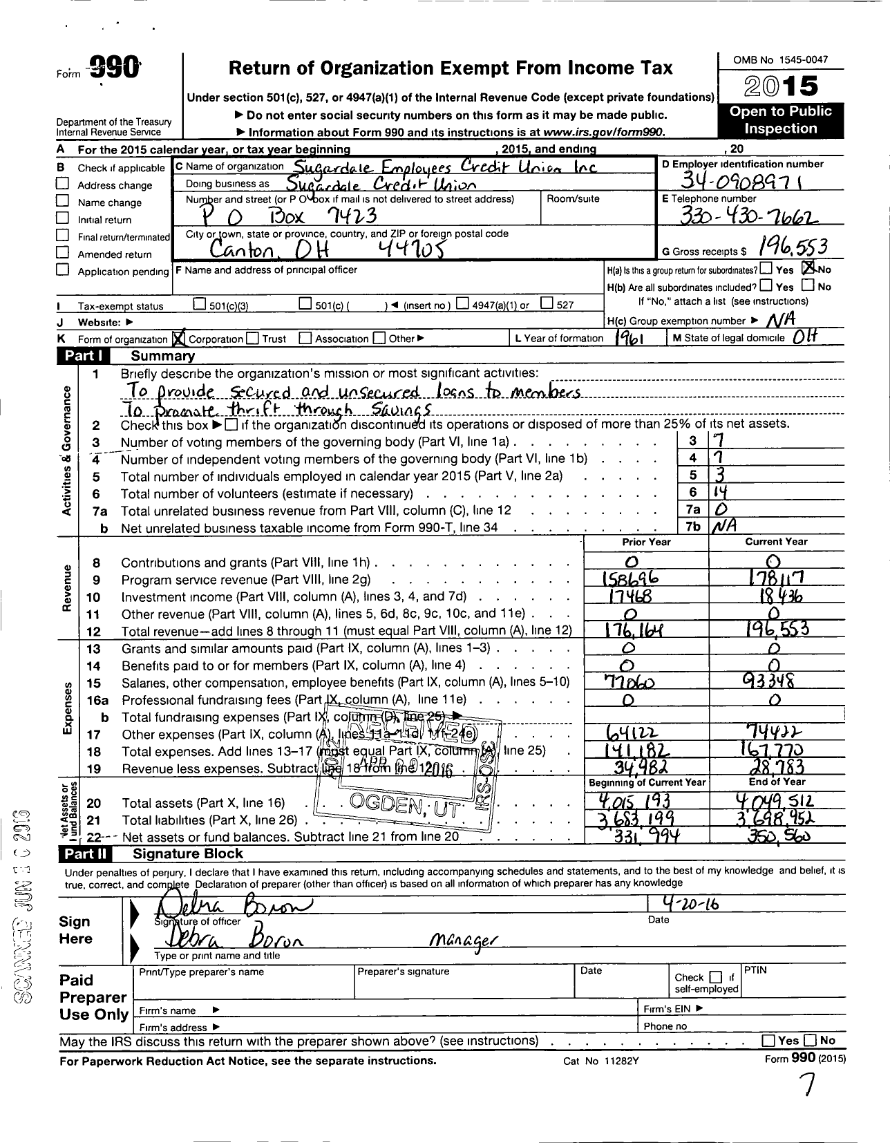 Image of first page of 2015 Form 990O for Sugardale Employees Credit Union