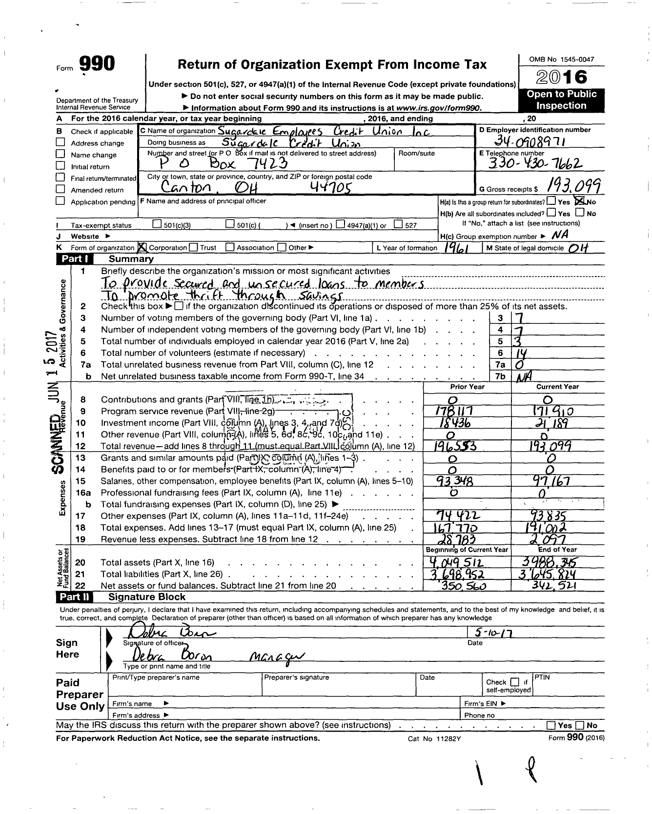 Image of first page of 2016 Form 990O for Sugardale Employees Credit Union