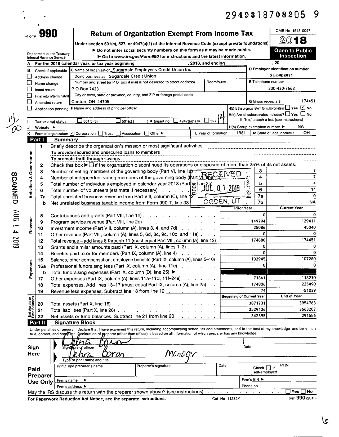 Image of first page of 2018 Form 990O for Sugardale Employees Credit Union