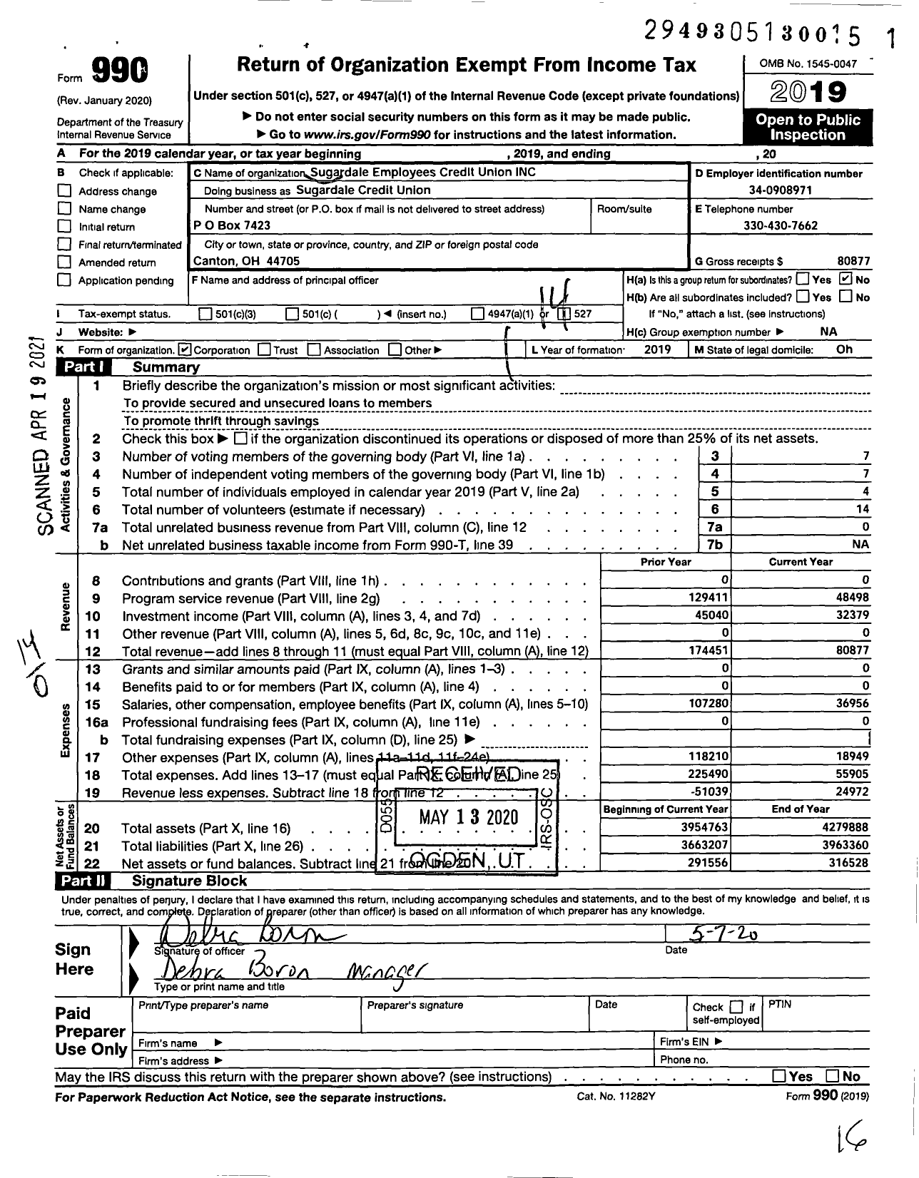 Image of first page of 2019 Form 990O for Sugardale Employees Credit Union