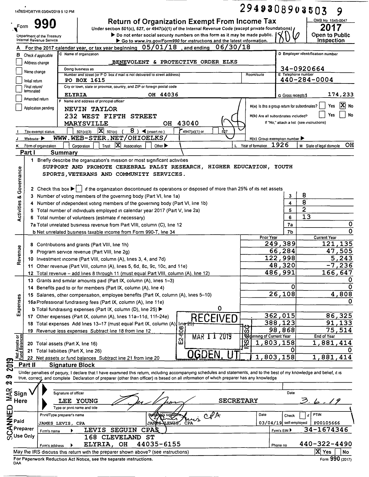 Image of first page of 2017 Form 990O for Benevolent and Protective Order Elks