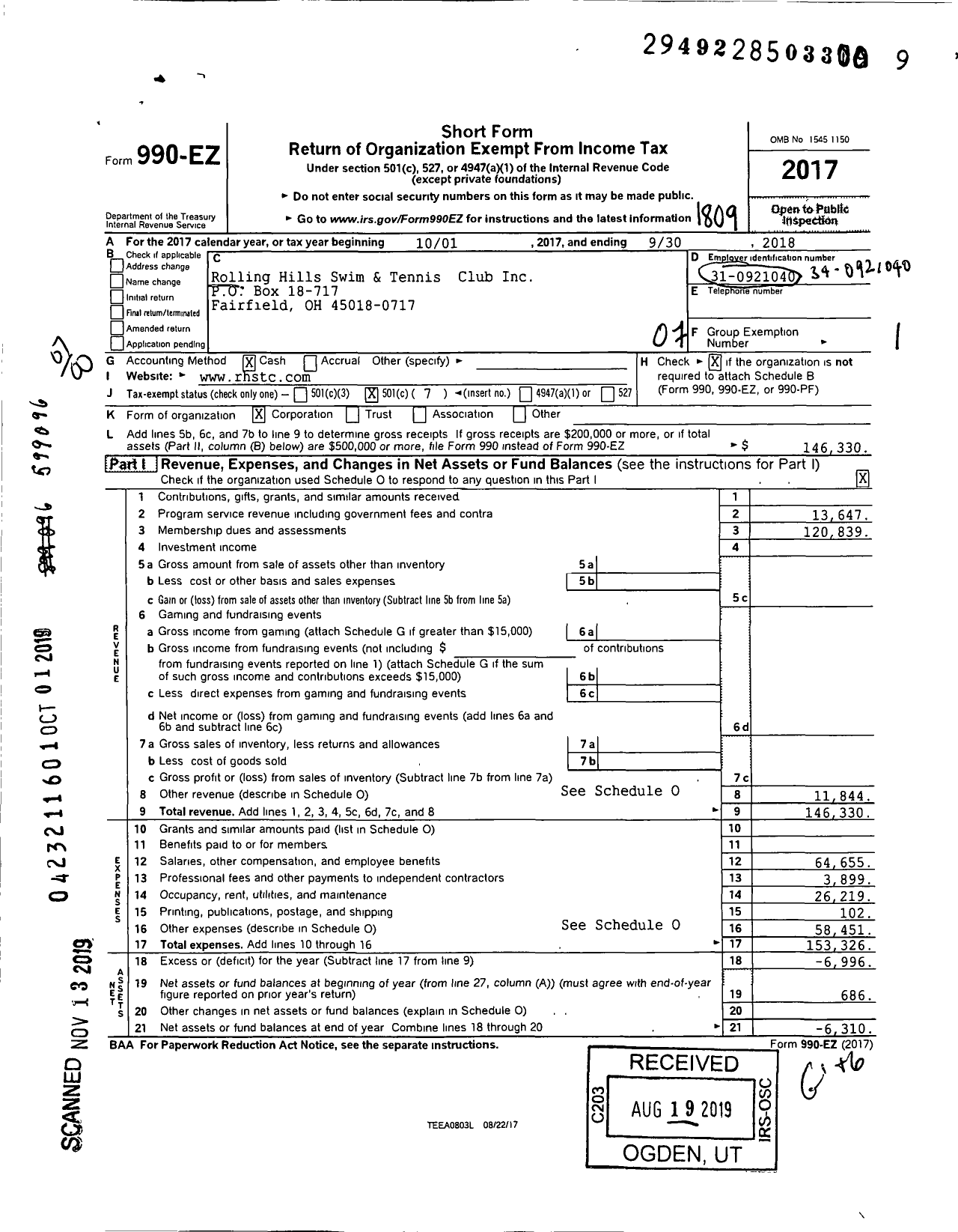 Image of first page of 2017 Form 990EO for Rolling Hills Swim and Tennis Club