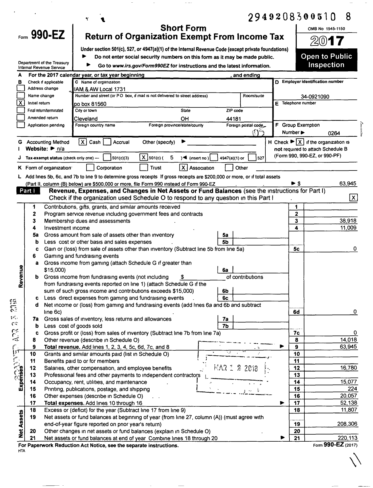 Image of first page of 2017 Form 990EO for International Association of Machinists and Aerospace Workers - 1731