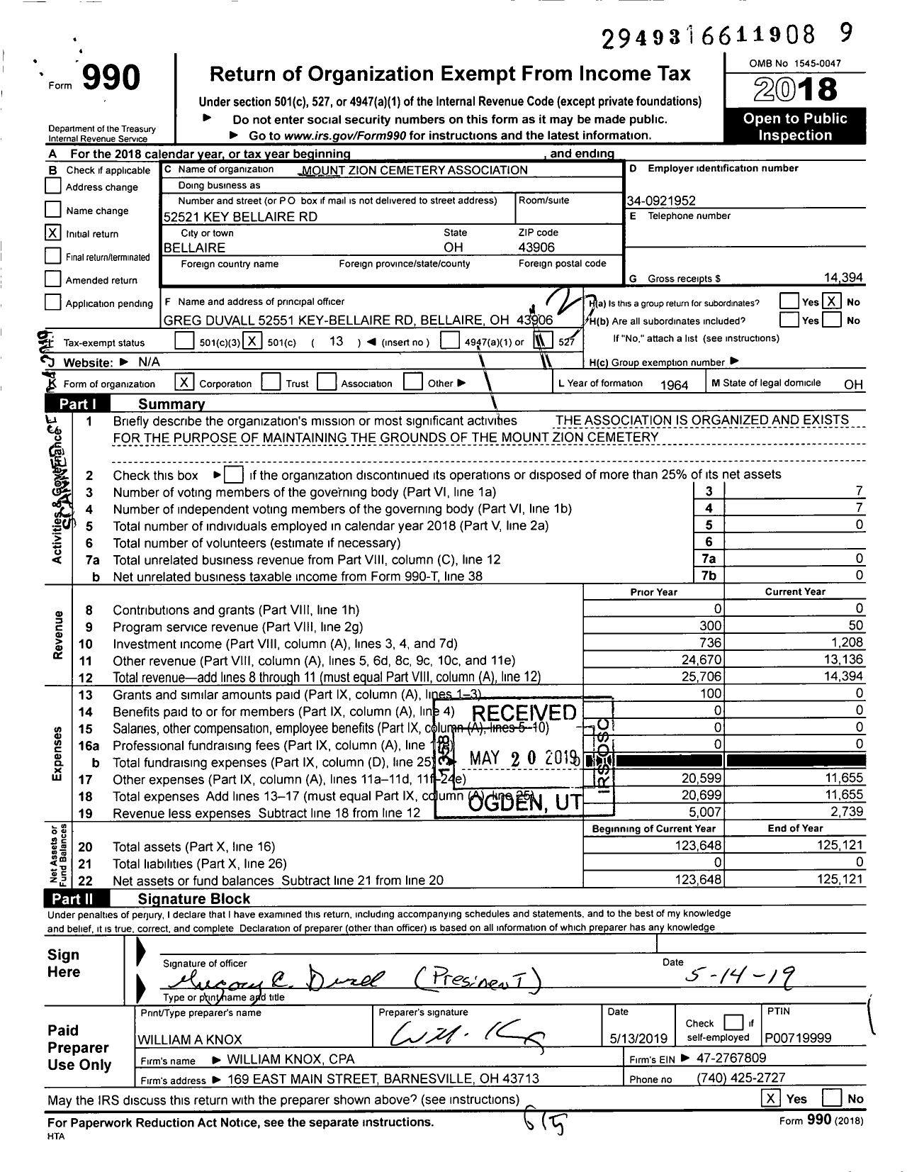 Image of first page of 2018 Form 990O for Mount Zion Cemetery Association