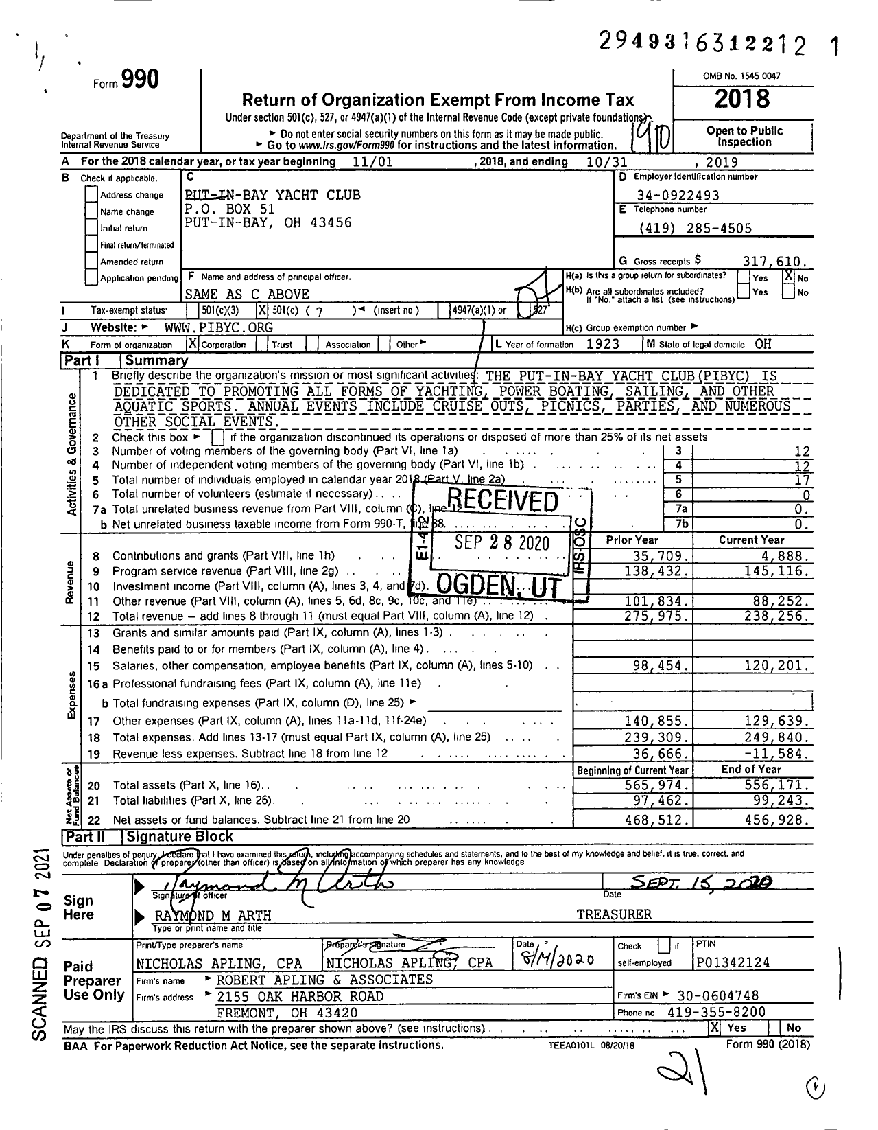 Image of first page of 2018 Form 990O for Put-In-Bay Yacht Club