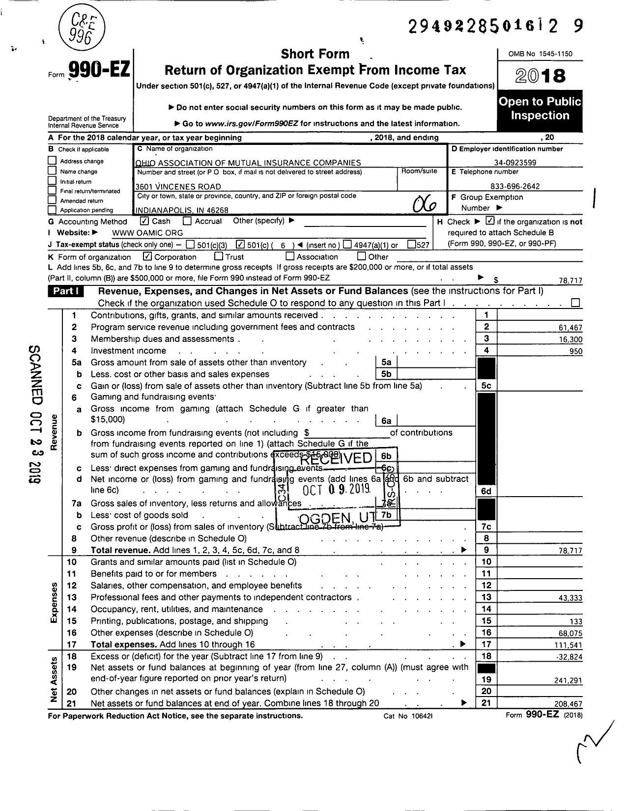 Image of first page of 2018 Form 990EO for Ohio Association of Mutual Insurance Companies