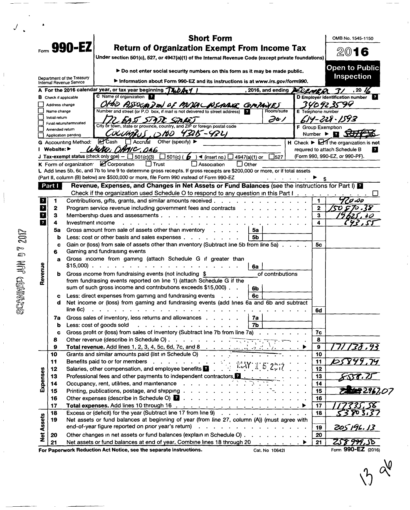 Image of first page of 2016 Form 990EO for Ohio Association of Mutual Insurance Companies