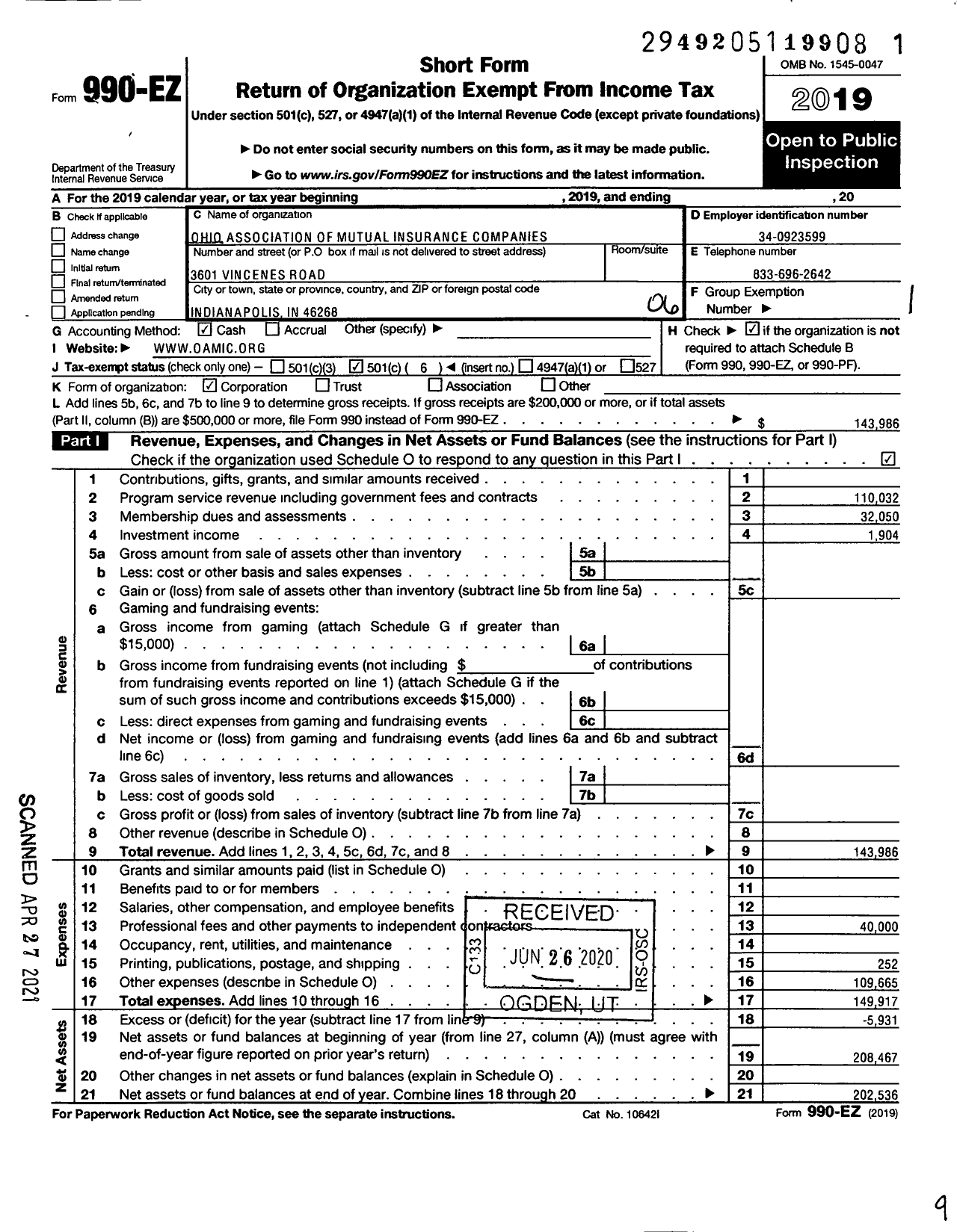 Image of first page of 2019 Form 990EO for Ohio Association of Mutual Insurance Companies