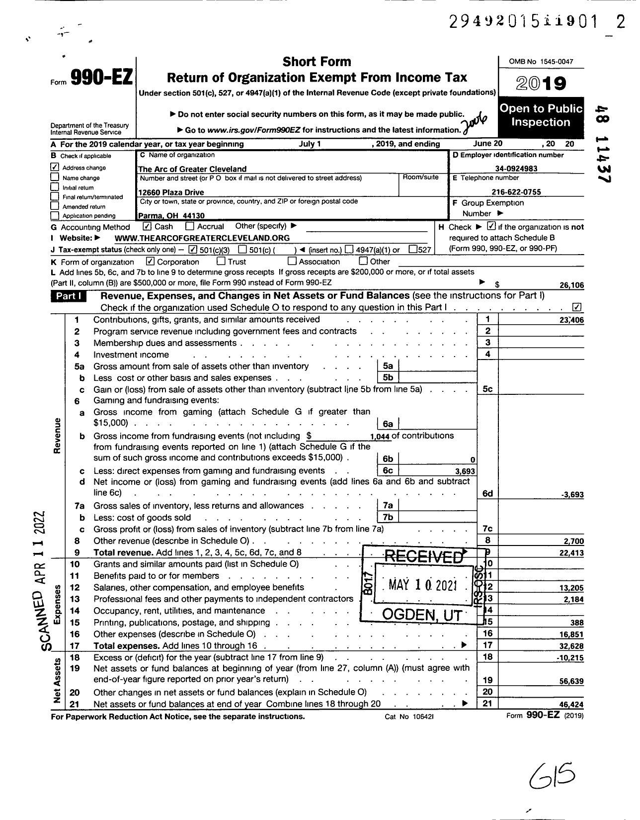 Image of first page of 2019 Form 990EZ for Arc of Greater Cleveland