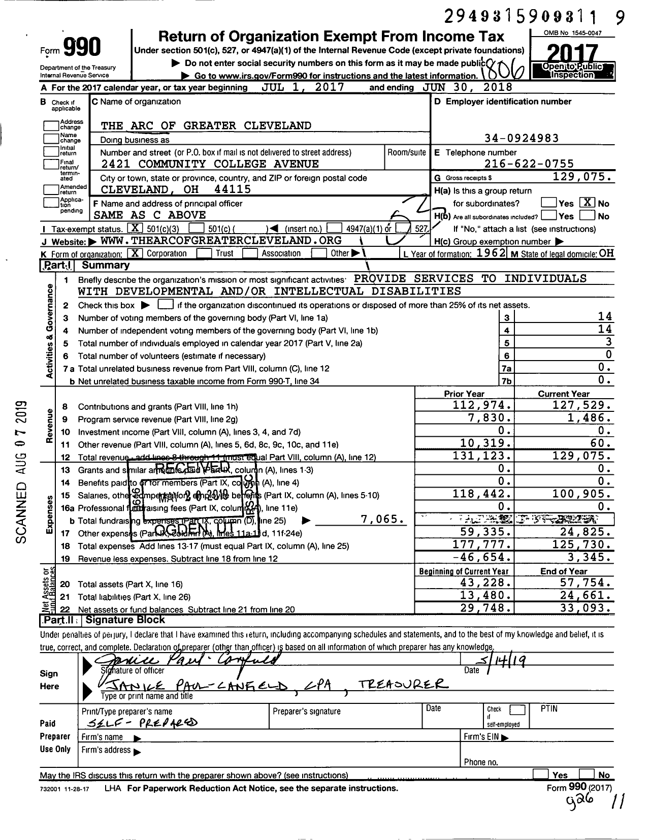 Image of first page of 2017 Form 990 for Arc of Greater Cleveland