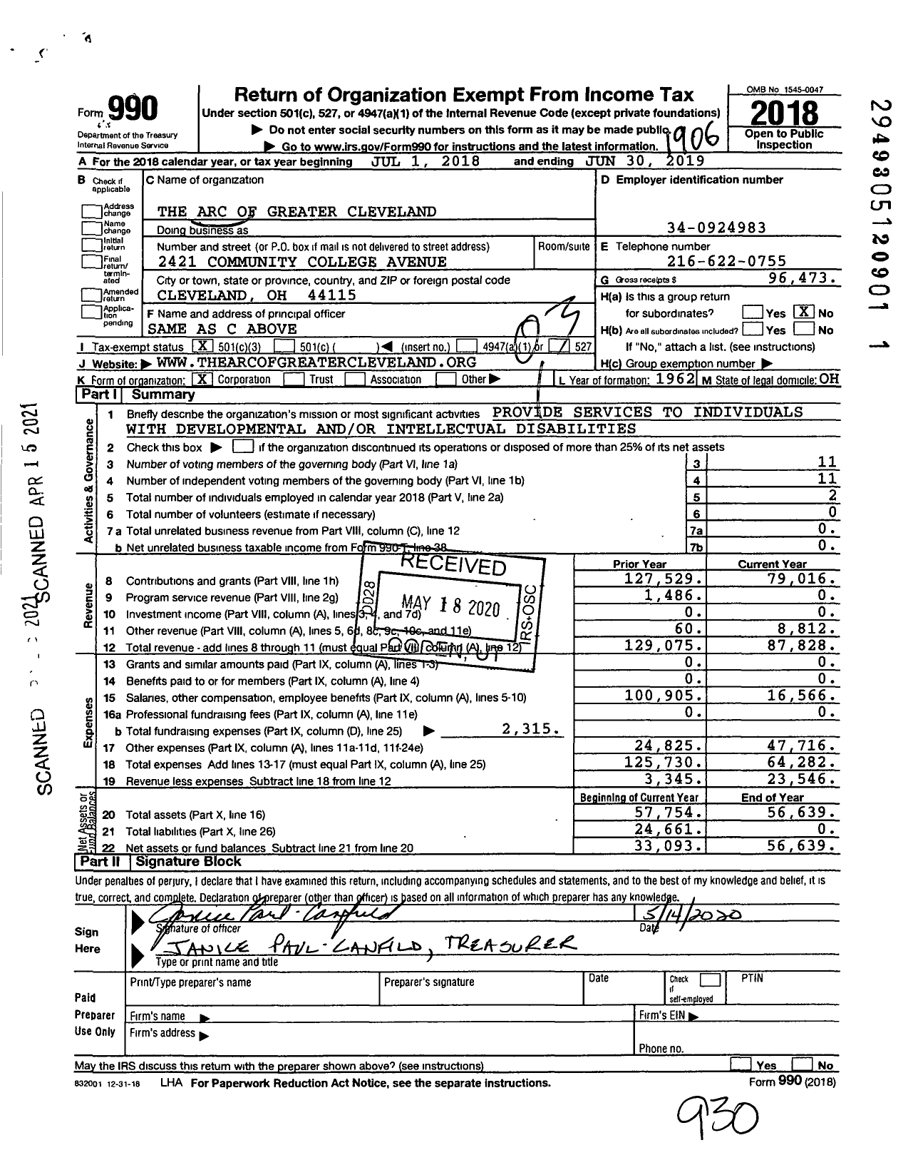 Image of first page of 2018 Form 990 for Arc of Greater Cleveland