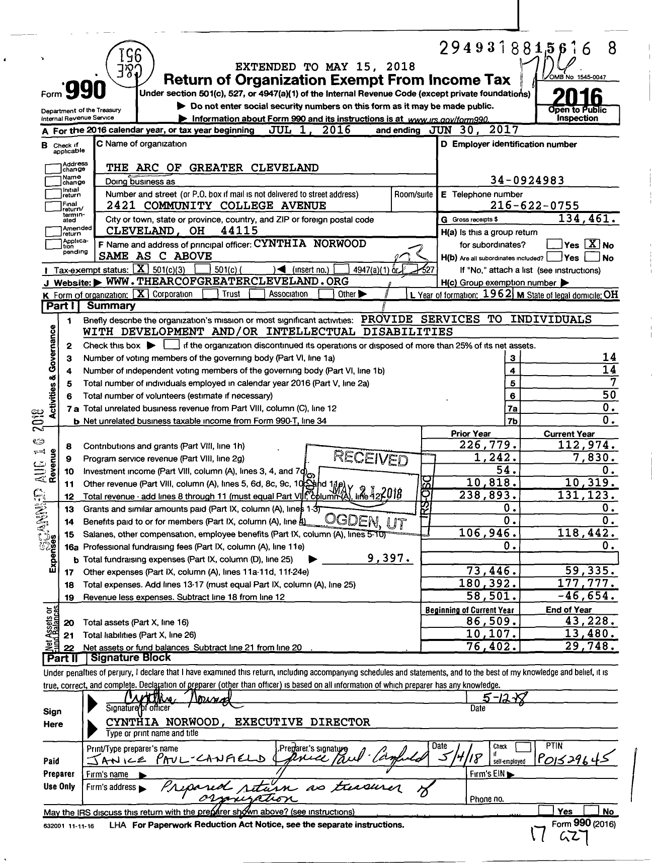 Image of first page of 2016 Form 990 for Arc of Greater Cleveland