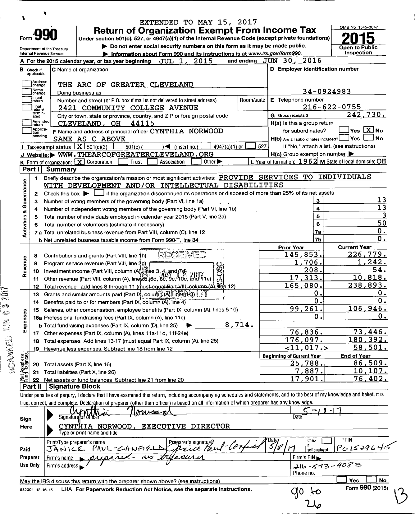 Image of first page of 2015 Form 990 for Arc of Greater Cleveland