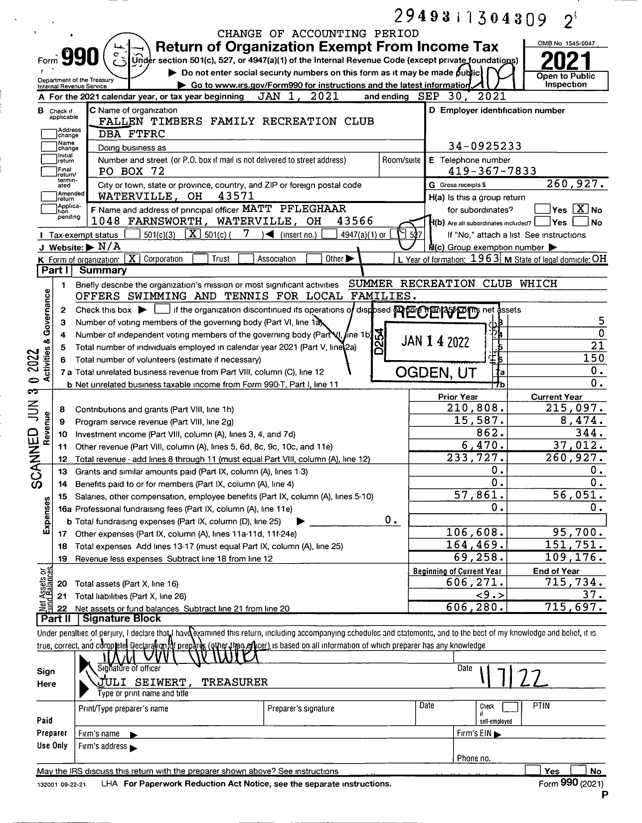 Image of first page of 2020 Form 990O for Fallen Timbers Family Recreation