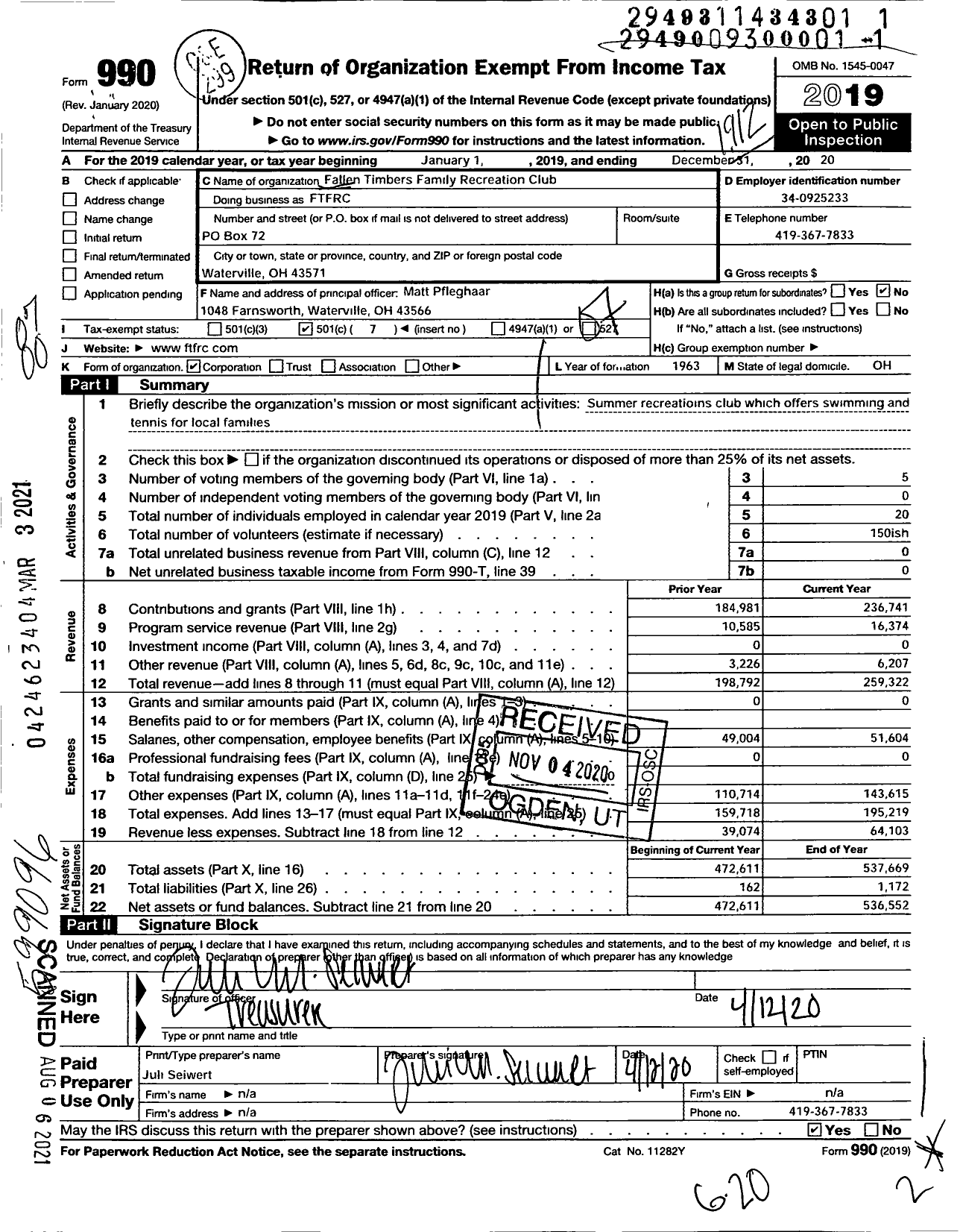 Image of first page of 2019 Form 990O for Fallen Timbers Family Recreation