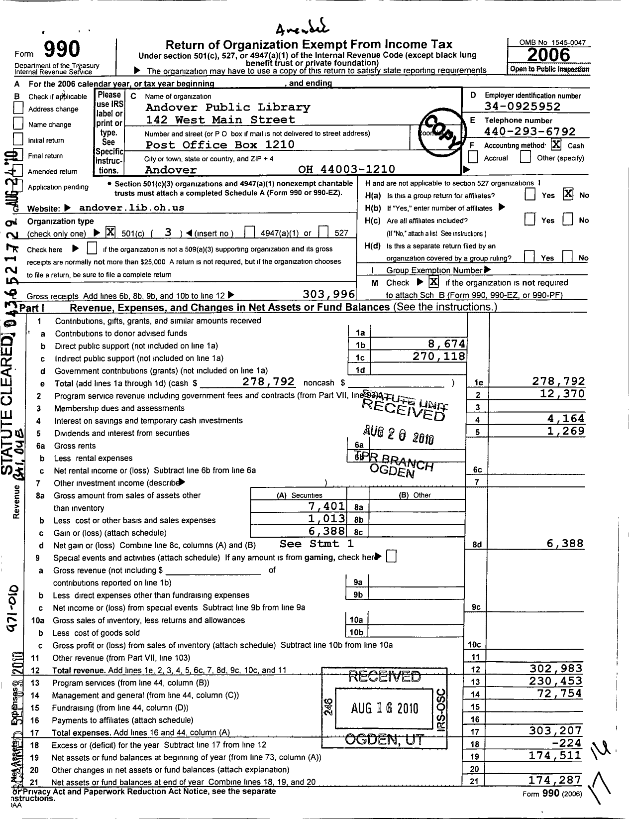 Image of first page of 2006 Form 990 for Andover Public Library