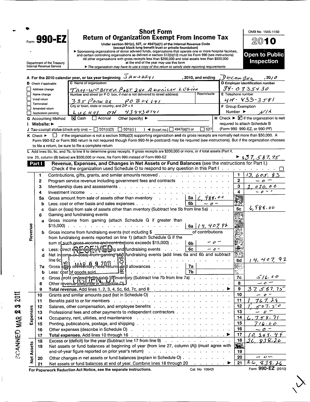 Image of first page of 2010 Form 990EO for American Legion