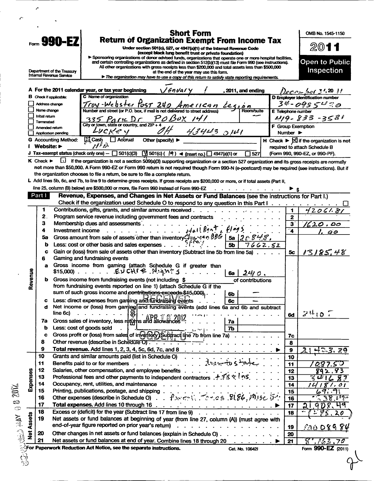 Image of first page of 2011 Form 990EO for American Legion