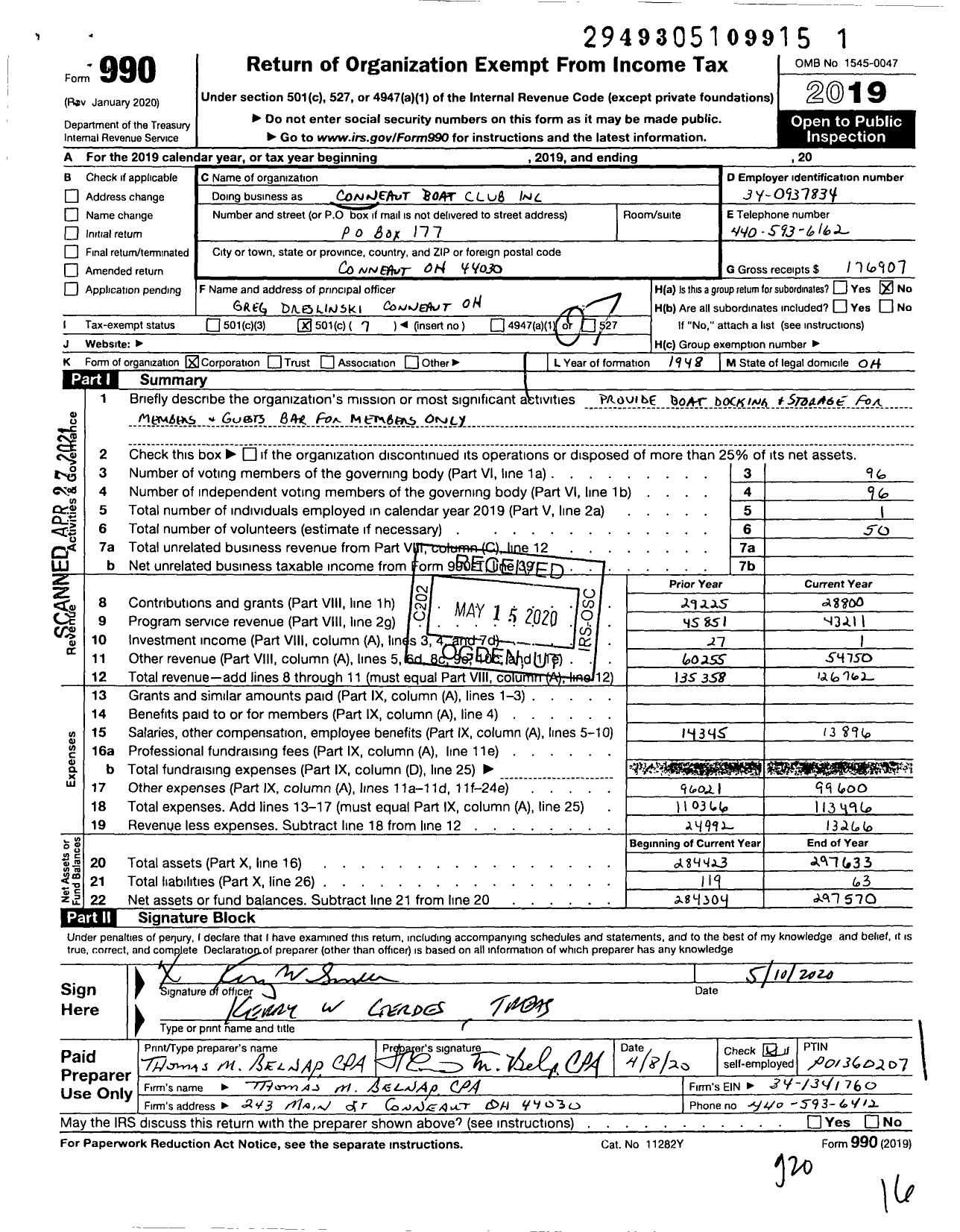 Image of first page of 2019 Form 990O for Conneaut Boat Club