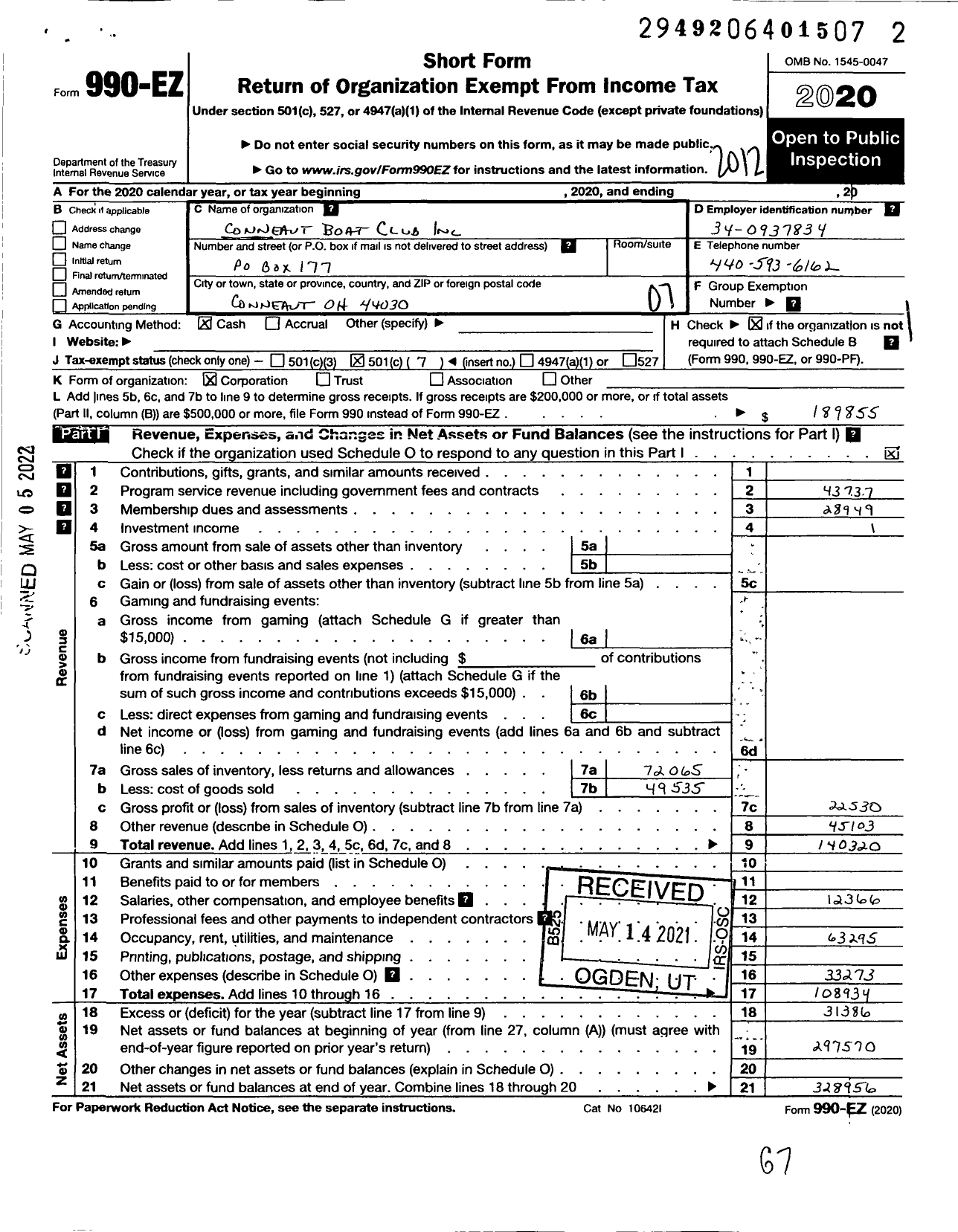 Image of first page of 2020 Form 990EO for Conneaut Boat Club