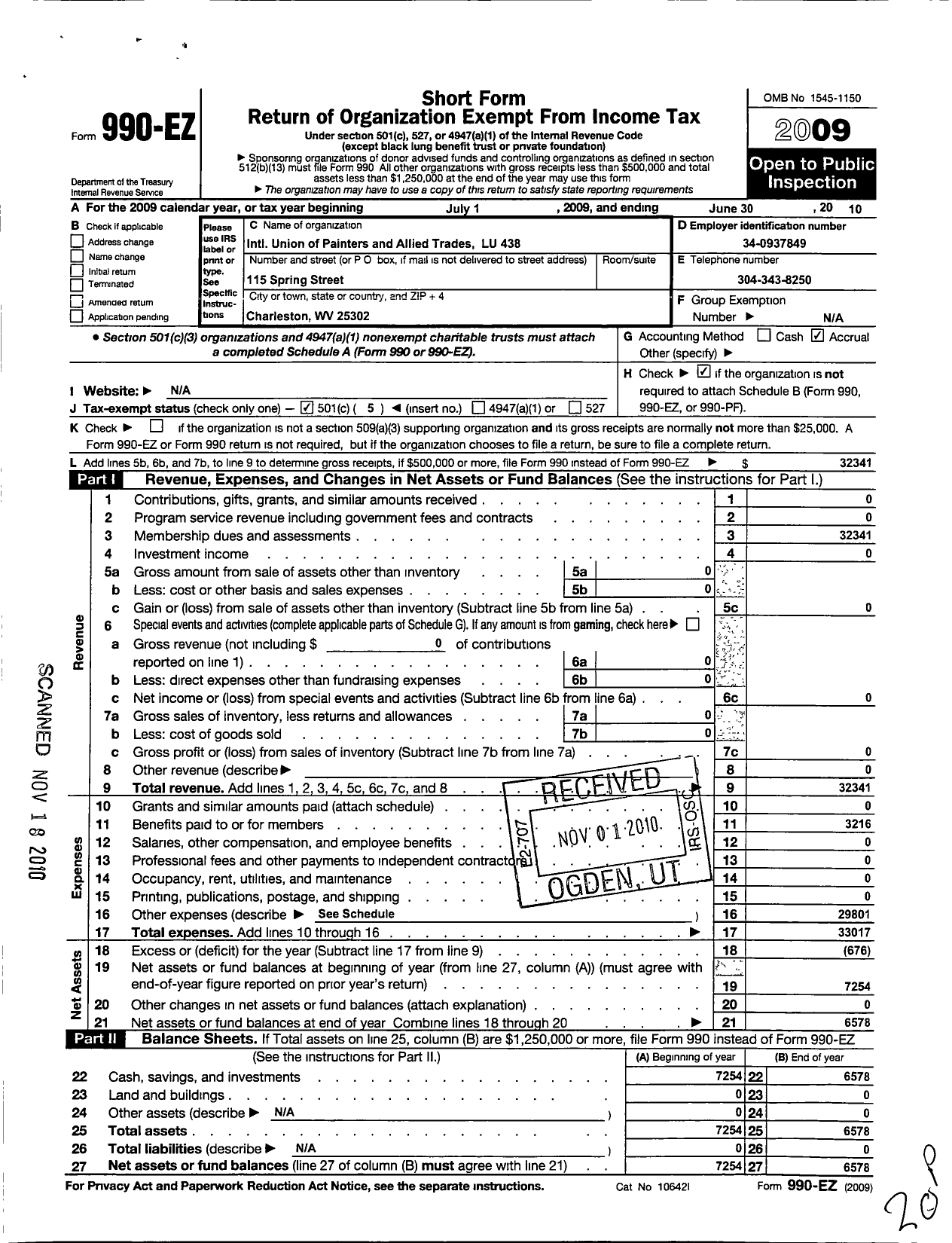 Image of first page of 2009 Form 990EO for International Union of Painters and Allied Trades - 438 Painters Local Union