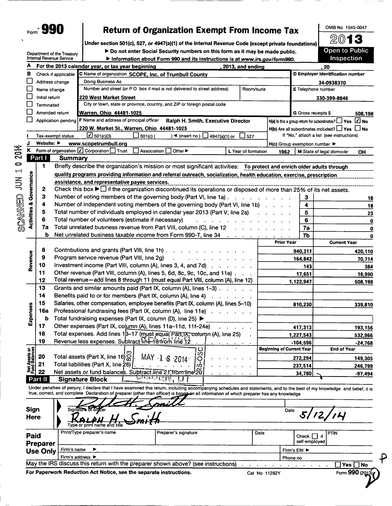 Image of first page of 2013 Form 990 for Scope of Trumbull County