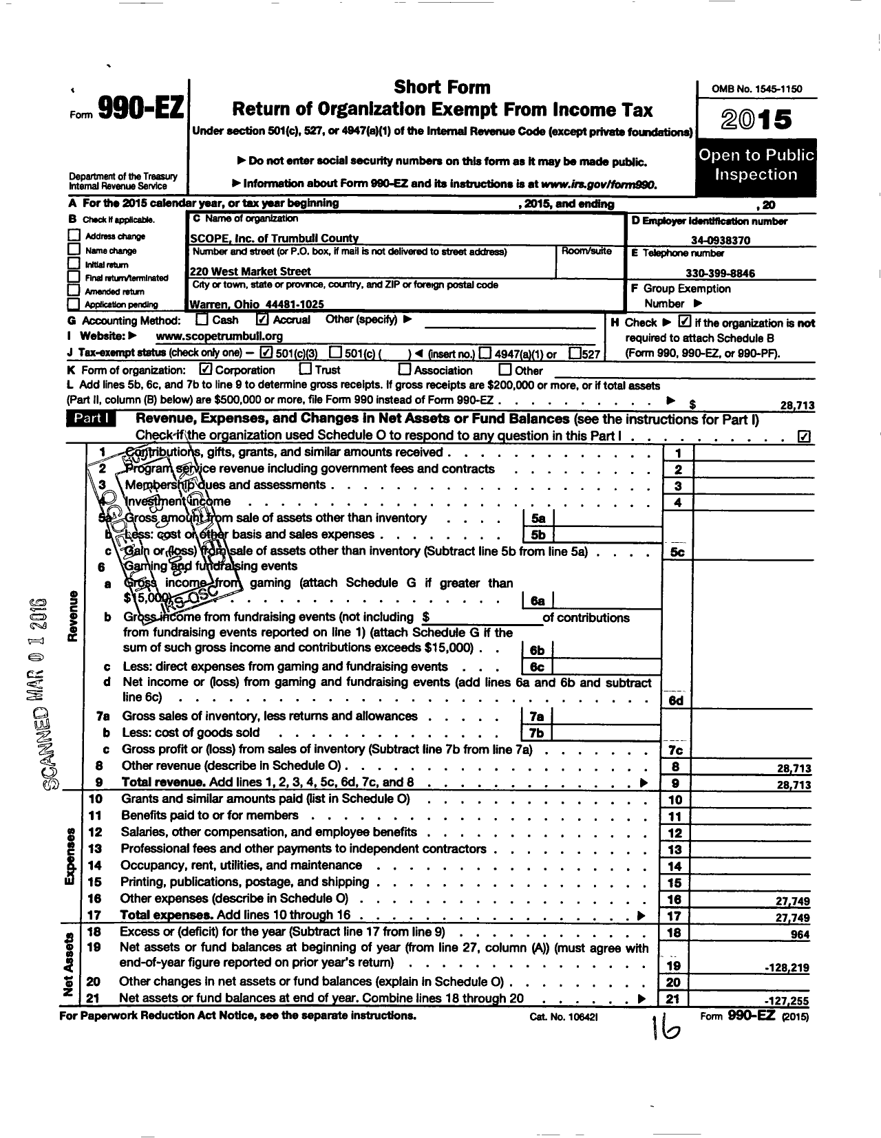 Image of first page of 2015 Form 990EZ for Scope of Trumbull County