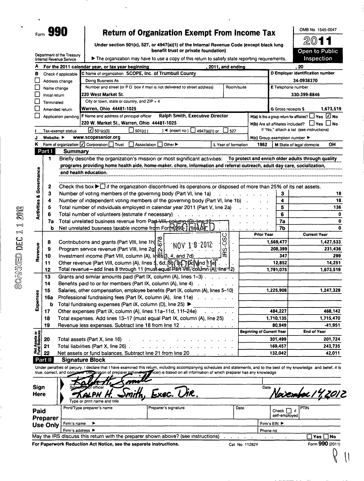 Image of first page of 2011 Form 990 for Scope of Trumbull County