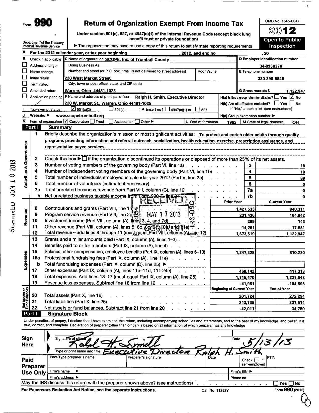 Image of first page of 2012 Form 990 for Scope of Trumbull County