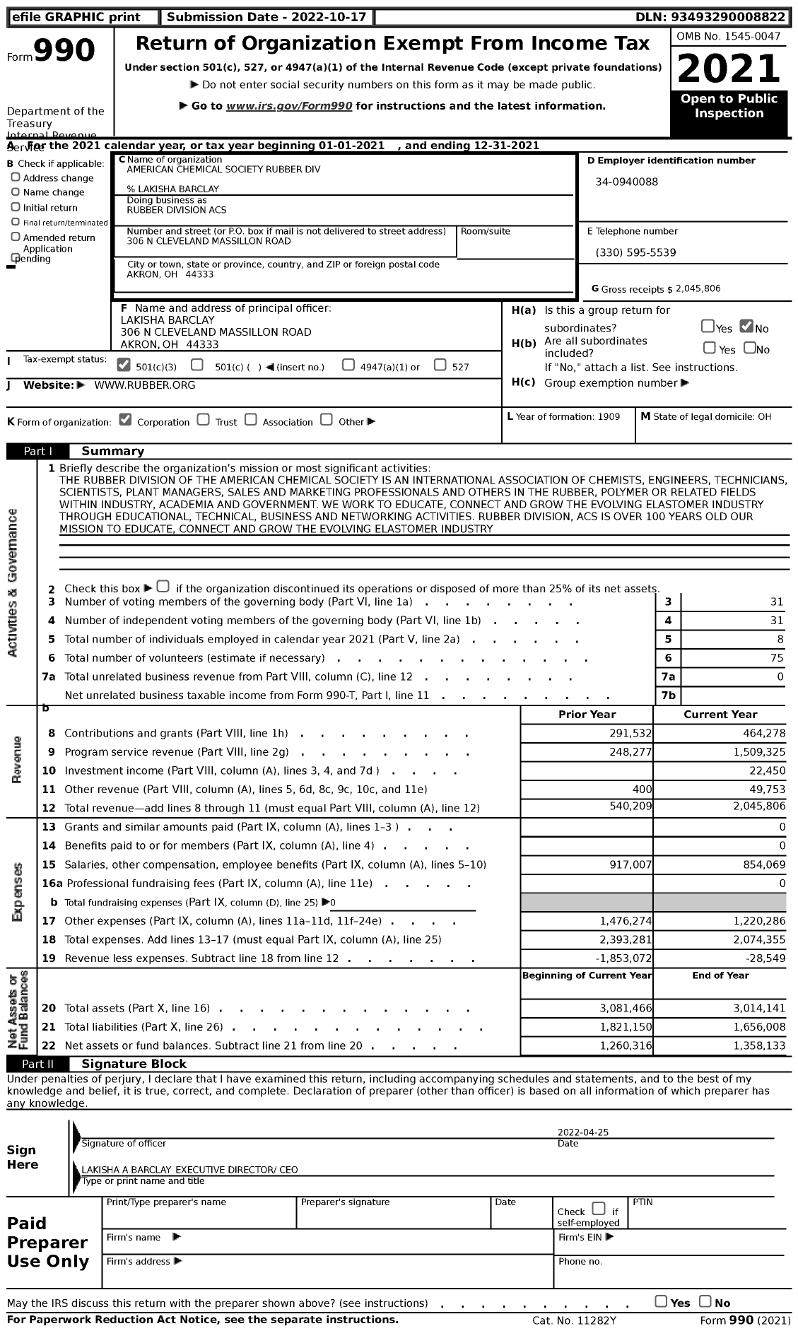 Image of first page of 2021 Form 990 for American Chemical Society - Rubber Division Acs
