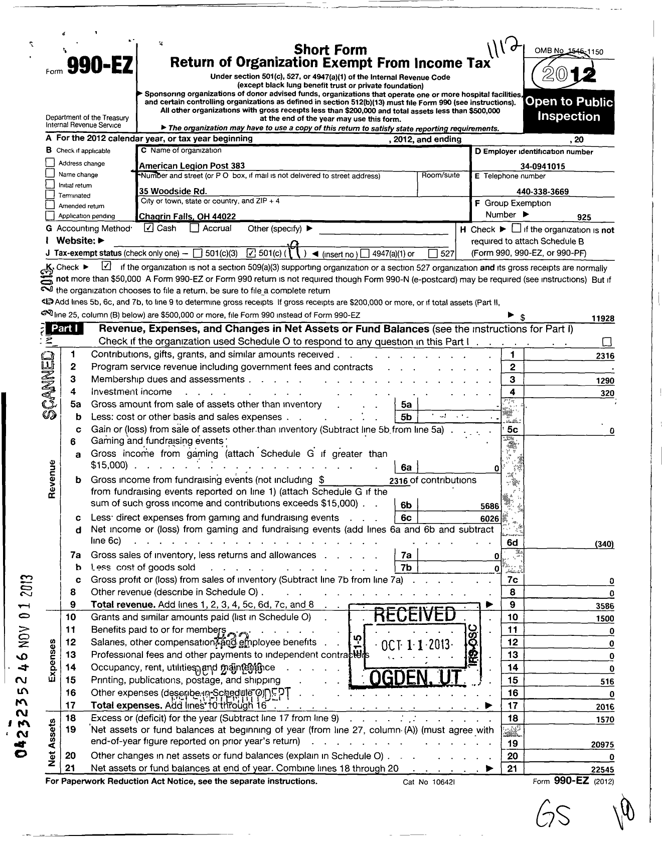 Image of first page of 2012 Form 990EO for American Legion - 383 Chagrin Falls