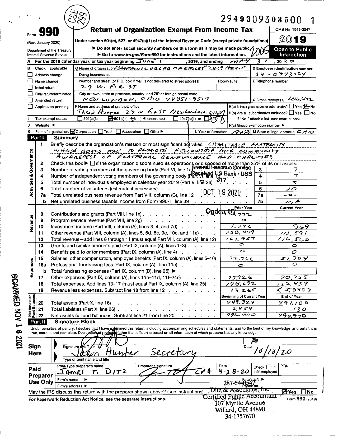 Image of first page of 2019 Form 990O for Fraternal Order of Eagles - 2869 Aerie