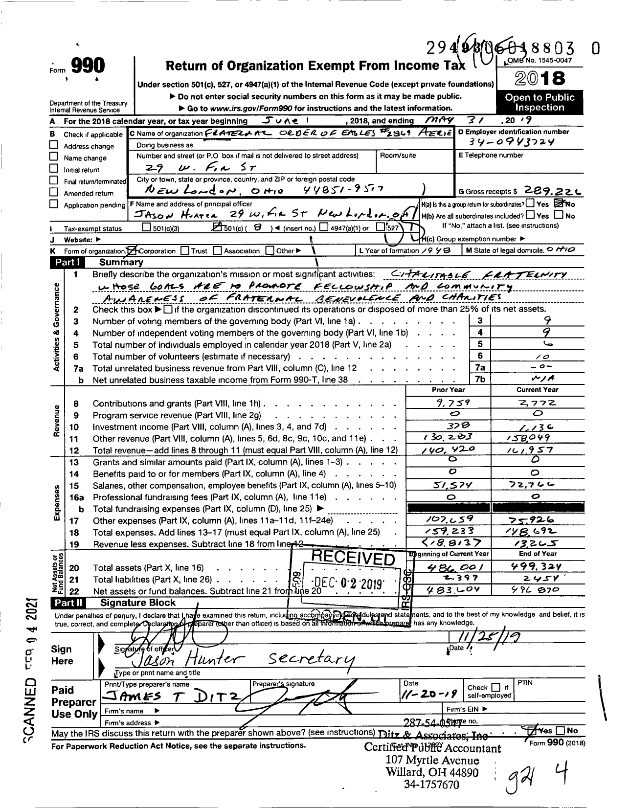 Image of first page of 2018 Form 990O for Fraternal Order of Eagles - 2869 Aerie