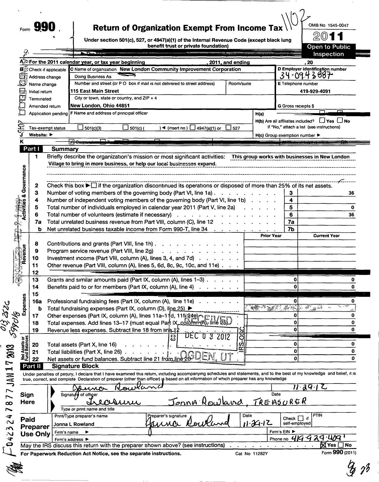 Image of first page of 2010 Form 990O for New London CIC