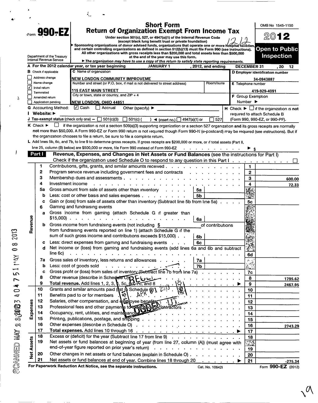 Image of first page of 2012 Form 990EO for New London CIC
