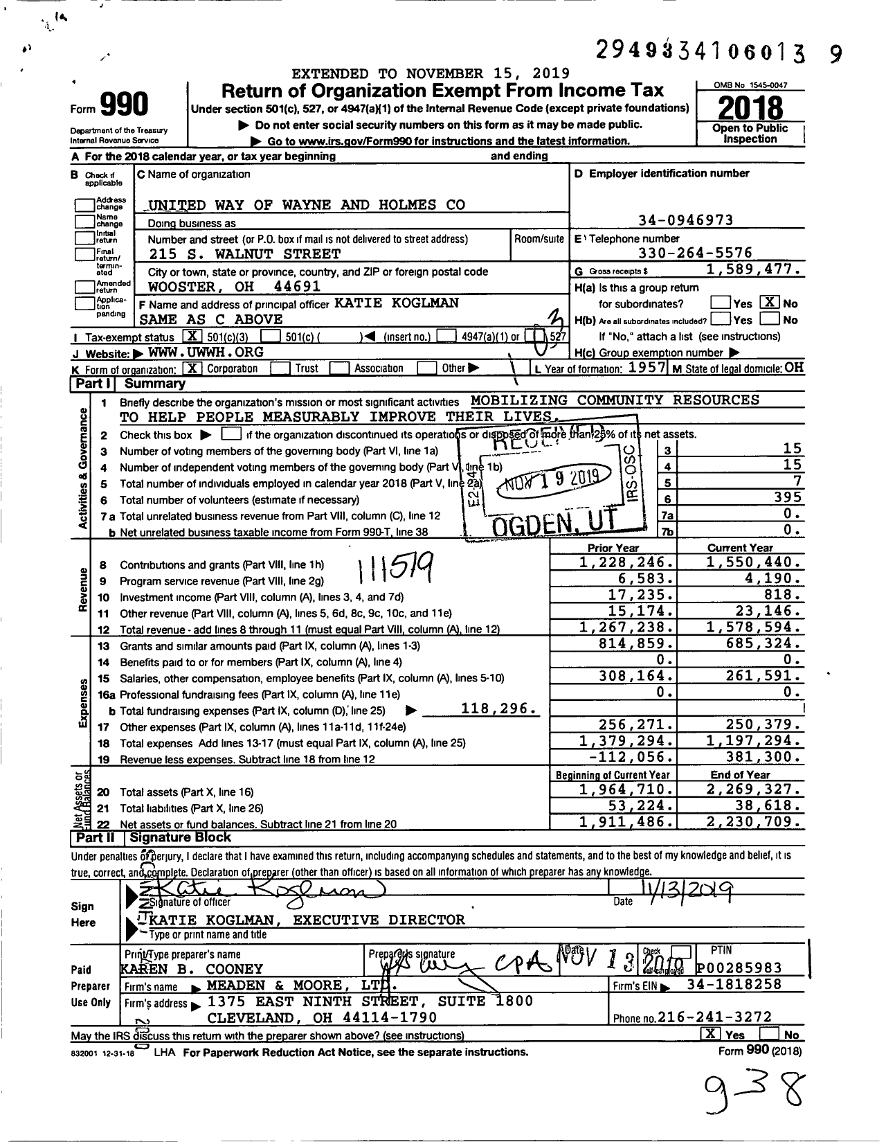 Image of first page of 2018 Form 990 for United Way of Wayne and Holmes