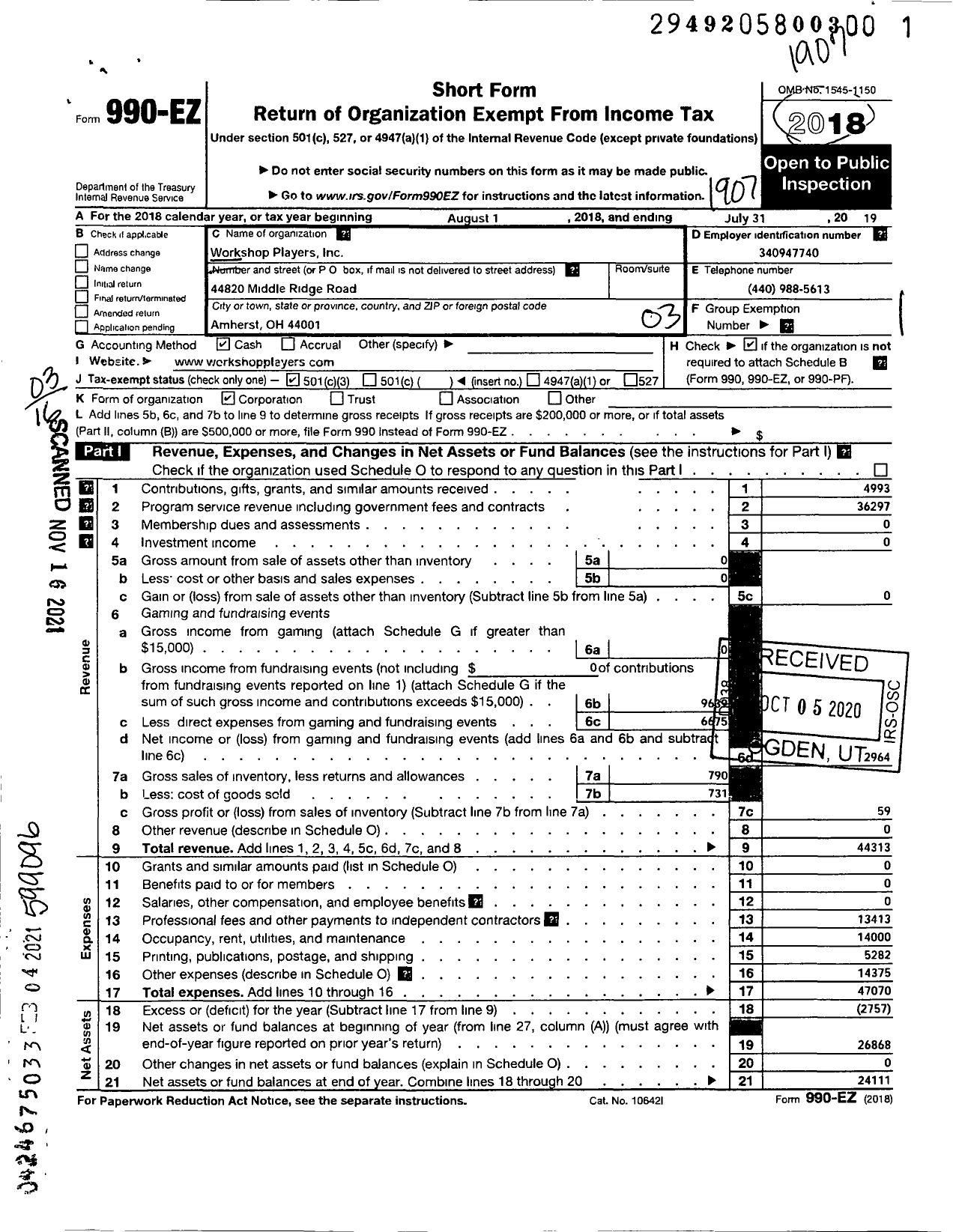 Image of first page of 2018 Form 990EZ for Workshop Players