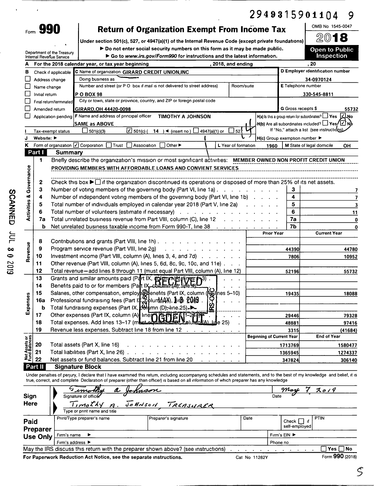 Image of first page of 2018 Form 990O for 953 Girard Credit Union